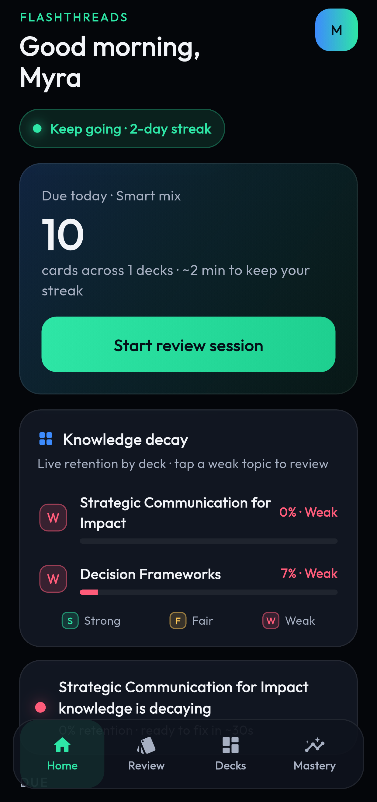 FlashThreads Home — due today and knowledge decay